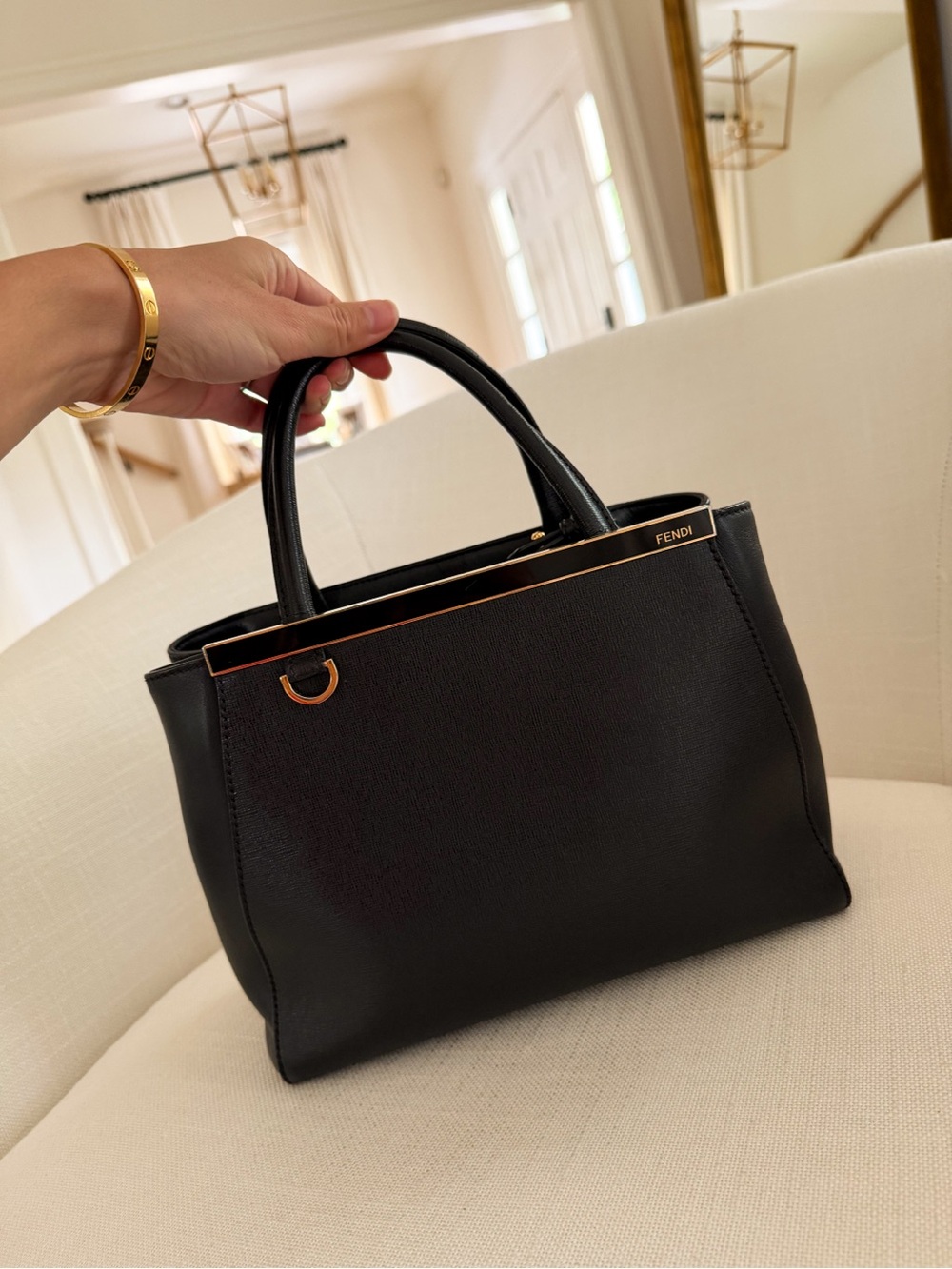 Fendi 2Jours Mini Black Leather Satchel with Gold Accents